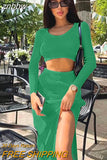 znbbw Fall Sexy Solid Ribbed 2 Two Piece Sets Fall Outfit For Women 2023 Long Sleeve O Neck Crop Top And Skirt Sets Female