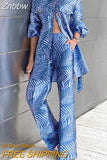 Znbbw New Print Two Piece Set Women's Fashion Long Sleeve Shirt and Straight Leg Pants Party Suit Vintage Loose Office Outfits