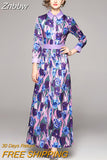 Znbbw Vintage Runway Floral Print Long Dress Women Turn Down Neck Lantern Sleeve Single Breasted High Waist Maxi Dress