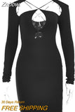 Znbbw Double Layer Slim Women Dress Long Sleeve Sexy Bodycon Low-Cut Ladies Dresses Hollow out Backless Women's Clothing 2023