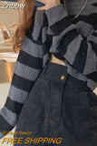 Znbbw Korean Style Striped Cropped Sweater Women Vintage Oversize Knit Jumper Female Autumn Long Sleeve O-neck Pullovers Tops
