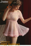Znbbw Women Sheer Stars Ultra-thin Gauze Ruffles Off Shoulder Sleeve Tops Shorts Leg Ring Underwear Set Temptation Sexy Pajamas 912