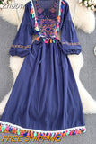 Znbbw Ethnic Style New Embroidery Tassel Lace Cotton and Linen Vestidos Female V-neck Puff Sleeve Large Midi Dress GK857