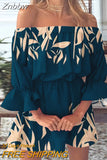 Znbbw Women Sexy Floral Print Dress Summer Sexy Off Shoulder Casual Flare Sleeve Tunic Dress Female Boho Party Mini Dresses Vestidos