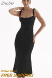 Znbbw Elegant Spaghetti Strap Backless Midi Dress Women Robe 2023 New Sleeveless Lace-up Bodycon Party Long Dress Vestido