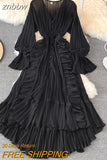znbbw Autumn New Holiday Style Ankle Length Long Dresses Women Sexy V Neck Puff Sleeve Lace Elegant Evening Party Summer Dress