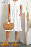 Znbbw Women Elegant Solid Dress Summer Vintage O-Neck Short Sleeve Pocket Mid-Calf Length Dress Female Casual Loose Midi Dresses Robe