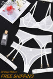 Znbbw Set Woman 4 Pieces Sexy Erotic Lingerie Underwear Bra Garters Brief Sets Transparent Lace Seamless Blue Setup Ladies