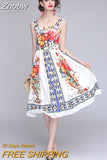 Znbbw Designer 2023 Summer Dress Women Flower Printed Spaghetti Strap Buttons up A-Line Holiday Party Beach Dress N1559