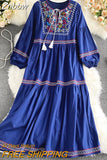 Znbbw Vacation Retro Ethnic Embroidery Vestidos Female V-neck Fringe Lace-up Puff Sleeve Fashion Temperament Midi Dress KK1127