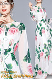 Znbbw Summer Fashion Runway Boho Maxi Dresses Women's Long Sleeve Rose Flowers Print Elastic Waist Holiday Elegant Long Dress