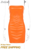 Znbbw Orange PU Leather Strapless Sexy Party Dress Women Night Out Clubwear Off the Shoulder Slim Bodycon Mini Dresses