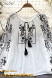 Znbbw Women Spring Summer Blouse French Printed Shirt New Loose Long Sleeve Design Small Retro Lantern Sleeve Embroidery Top D2532