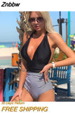 Znbbw Hot Women One-Piece Swimsuit Adults Color Block Tie Up V-Neck Halter Ladies Swimwear With Chest Pad 914