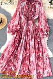 Znbbw Women Spring Autumn Winter Dress High Class Elegant Printing French Style Slim Bubble Sleeve Super Fairy Long Vestidos D2423