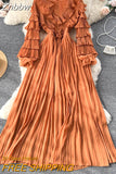 Znbbw Women Autumn Winter Dress New Style Agaric Ruffle V-neck Pleated Cake Sleeve Waist Closing A-line Pleated Long Dress D2155