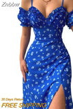 Znbbw New Summer Elegant Casual Floral Print Off Shoulder Split Dress Women Short Sleeve Slim Midi Dress for Club Party Holiday