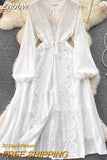 Znbbw Autumn Women's Vintage Long Sleeve Dress Solid Color Bellflower French Lace Up Waist Single Breasted Long Dress