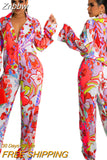 Znbbw Print Long Sleeve Blouses 2 Pecies Set Women Lapel Single-breasted Shits Suits 2023 Autumn High Wait Pants Outfits