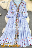 Znbbw retro ethnic style temperament embroidered puff sleeves V-neck waist a-line dress holiday big swing Vestidos Women D1577