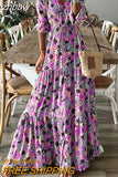 znbbw Short Sleeve Stitching Pleated Party Dress Boho Printed Women High Waist A-Line Maxi Dress Elegant Slim V-Neck Long Dress