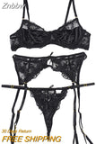 Znbbw Lace Lingerie Embroidery Women's Underwear Transparent Erotic Push Up Bra And Panty Set Black Fancy Garters Intimate