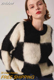 znbbw Winter Vintage Mohair Plaid Women Sweater Chic Long Sleeve O Neck Loose Ladies Pullover Fashion Warm Female Clothing Tops
