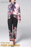 Znbbw Fashion Designer Runway Suit Sets 2023 Spring Long Sleeve Floral Bow Print Tops + Long Pants 2 Piece Set Women B7586