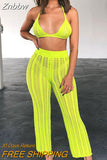 Znbbw Sexy Hollow Out Knitted Pant Suits Women Crochet Crop Top And Wide Led Pants Summer Two Piece Set Ladies Casual Beachwear