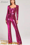 Znbbw Sequins Belt Jumpsuit Women Square Collar Long Sleeve Bodysuit Autumn Wide Leg Pants Female Party Club Outfits