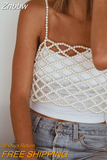 Znbbw Women Pearl Crop Top Fishnet Hollow Out Camisole Beach Holiday Cover-ups Chic Women Sleeveless Summer Matching Vest Korean