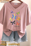 Znbbw 100% Cotton L-5XL T Shirt Plus Size Tshirt Short Sleeve Cartoon Women Top Summer Sweet Couple V Neck Oversized T Shirts