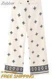 Znbbw TRAF Women Vintage Patchwork Embroidery Casual Linen Wide Leg Pants Chic High Waist Zipper Ankle Length Trousers