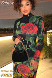 Znbbw Women Long Sleeve Bodycon Streetwear Party Club Floral Midi Dress 2023 Fall Clothing Wholesale Items For Business