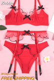 Znbbw Sensual Lingerie Sheer Lace Erotic Outfits Transparent Bra Seamless Underwear 3-Piece Sissy Red Exotic Sets Intimate