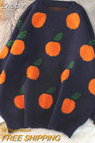 Znbbw Orange Print Women O Neck Sweater 2023 Autumn Winter Warm Pullovers Top Soft Female Jumper Knitwear Outfits Pull