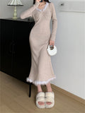 Znbbw Women Casual Ribbed Midi Dress Fall Spring Furry Patchwork V Neck Long Sleeve Wrapped Pencil Dress Street Office Outfit