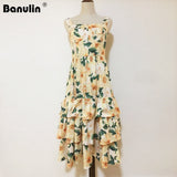 Znbbw Summer Sexy Spaghetti Strap Cotton Dress Women Tropical Jungle Florl Print Blackless Cascading Ruffle Beach Midi Dresses