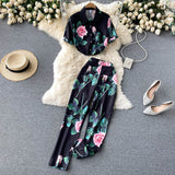 Znbbw Summer Women Clothing Runway Suits Short Sleeve Floral Print Shirt + Hight Waist Pencil Pants 2 Piece Set outfits N69131