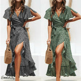 Znbbw Holiday Boho Casual Irregular Dress Women Short Sleeve Polka Dot V Neck Lace Up Ruffle Slim Fashion Wrap Maxi Dress