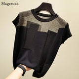 Znbbw Short Sleeve Knitted Women Blouse Tops O-neck Solid Blouses Women Casual Patchwork Slim Silk Female Shirts Blusas 8796