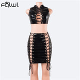 znbbw Fall Hollow Out Bandage Black PU Faux Leather Dress Suits Sexy 2 Two Piece Sets Womens Mini Skirts Sleeveless Crop Top