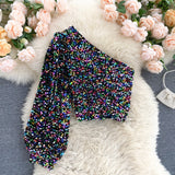 Znbbw 2023 New Product Oblique Collar T-shirt Strapless Unilateral Puff Sleeve Slim Fit Short Sequined Top HK102
