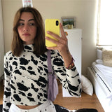 Znbbw Women Milk Cow Pattern Print Crop Tops Vintage Sexy Long Sleeve Slim Fit Holiday Fashion Casual Short T Shirts Streetwear