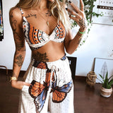 Znbbw Women Boho Butterfly Print 2 Piece Set Beach Holiday Casual Outfits Summer Sexy V Neck Camisole Crop Tops+Wide Leg Pants