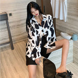 znbbw Street Style Oversize Women's Tunic Shirt Cow pattern print Long Sleeve Ladies Blouse Button Up Loose Plus Size Female Tops