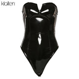 Znbbw sexy Small V design Black PU Leather Strapless backless bodysuits Women 2023 autumn fashion street party bodysuit mujer