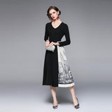Znbbw Designer Autumn Winter Vintage Dress OL Elegant Floral Print Chiffon Splicing Midi Pleated Dress Robe Women Clothing