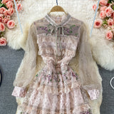 Znbbw Cascading Ruffles Mesh Dress Women Lantern Sleeve Flower Embroidery Stitching Lace Trims Sweet Bow Party Midi Dress