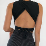 Znbbw backless women tank top bandage slim crop top summer 2023 casual streetwear tops solid cotton soft criss cross top